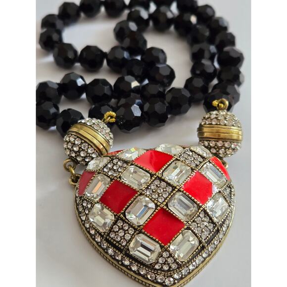RARE Vintage Heidi Daus Swarovski Crystal Red Enamel Checkered Heart Necklace - Picture 1 of 10